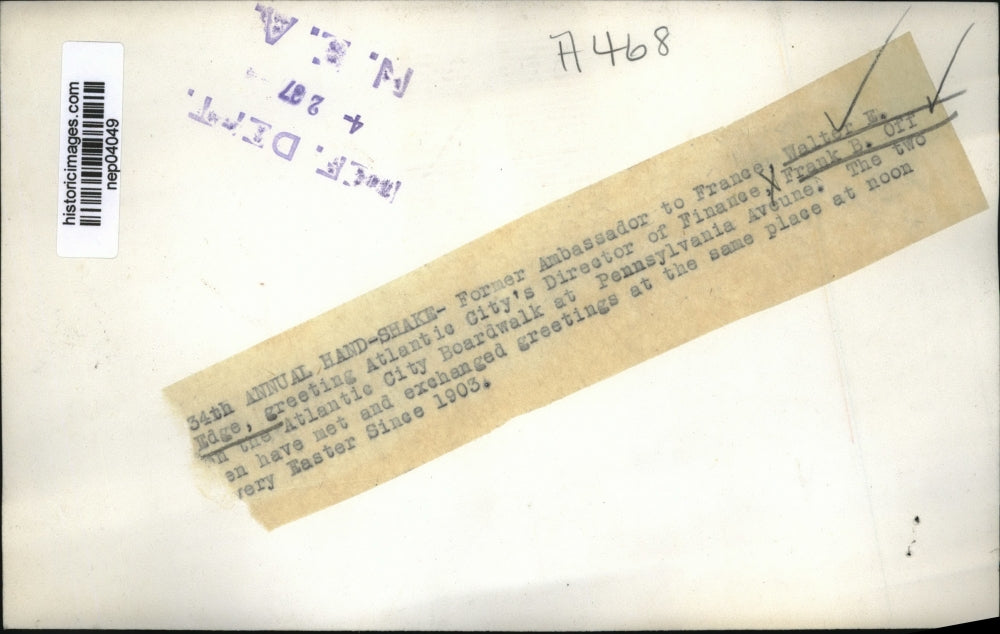 1937 Press Photo Walter E. Edge greets Frank B. Off on Atlantic City Boardwalk