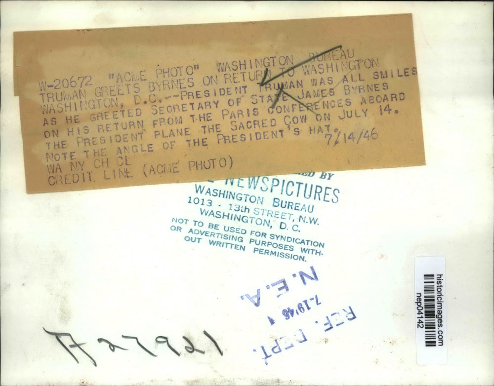 1946 Press Photo President Truman greeted by James Byrnes - nep04142