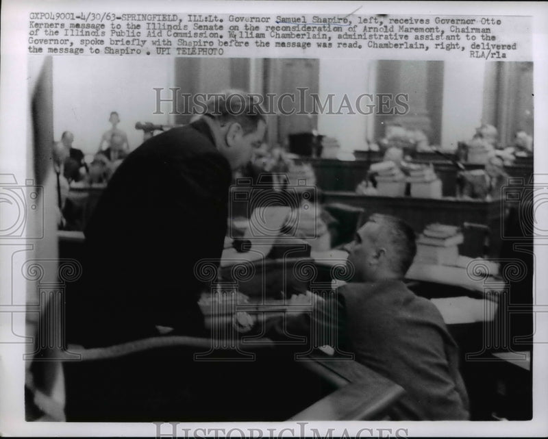Load image into Gallery viewer, 1963 Press Photo Governor Samuel Shapiro Receives Governor Otto Kerners Message
