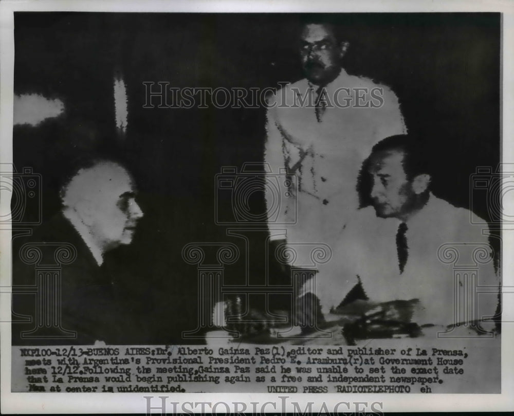 1955 Press Photo Dr. Alberto Gainza Meets With President Arambura - nep04269
