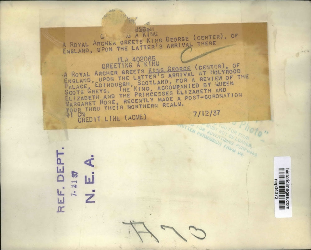 1937 Press Photo Royal Archer Greets King George Of england - nep04372