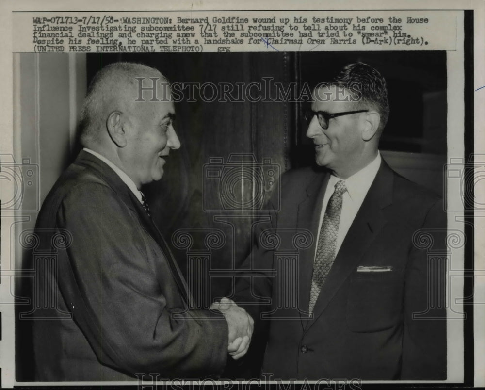 1958 Press Photo Bernard Goldfine Shakes Hand With Chairman Oren Harris