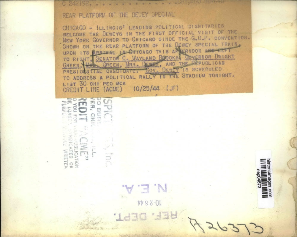 1944 Press Photo Sen. Brooks, Gov. Green and Mrs. Green Greet Mr. and Mrs. Dewey