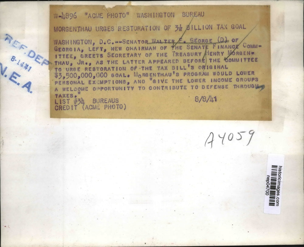 1941 Press Photo Senator Walter George Greets Secretary Henry Morgenthau, Jr