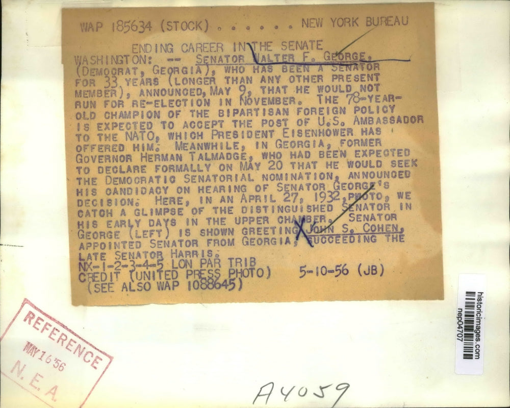 1956 Press Photo Senator Walter George Greeting John Cohen - nep04707
