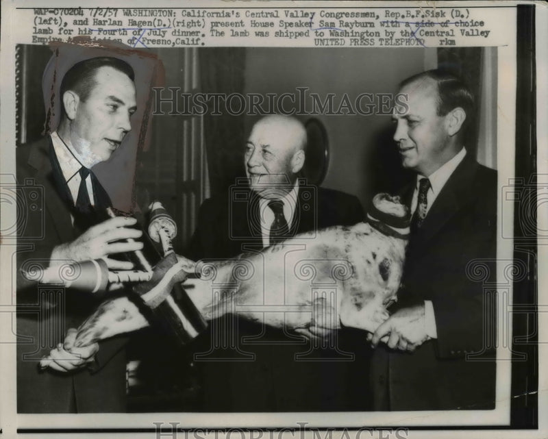 Load image into Gallery viewer, 1957 Press Photo Re. Sisk And Harlan Hagen Present A Lamb to Sam Rayburn
