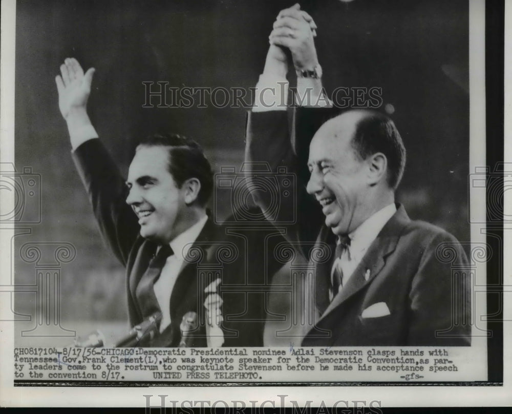 1956 Press Photo Adlai Stevenson Clasps hands With Gov. Frank Clement