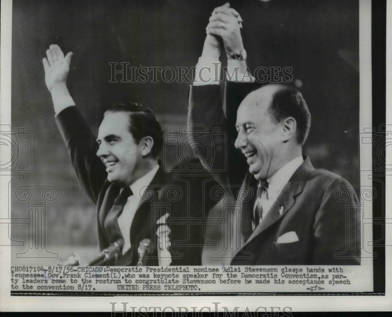 Load image into Gallery viewer, 1956 Press Photo Adlai Stevenson Clasps hands With Gov. Frank Clement
