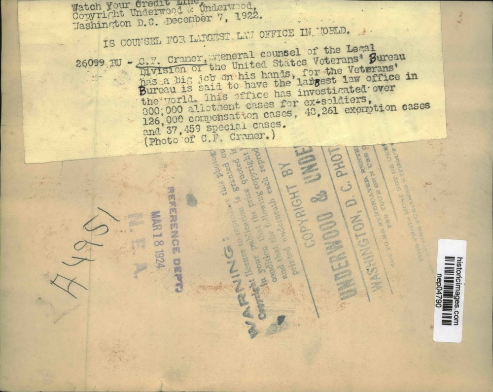 1924 Press Photo C.F. Cramer Said To Have The Largest Law Office In The World