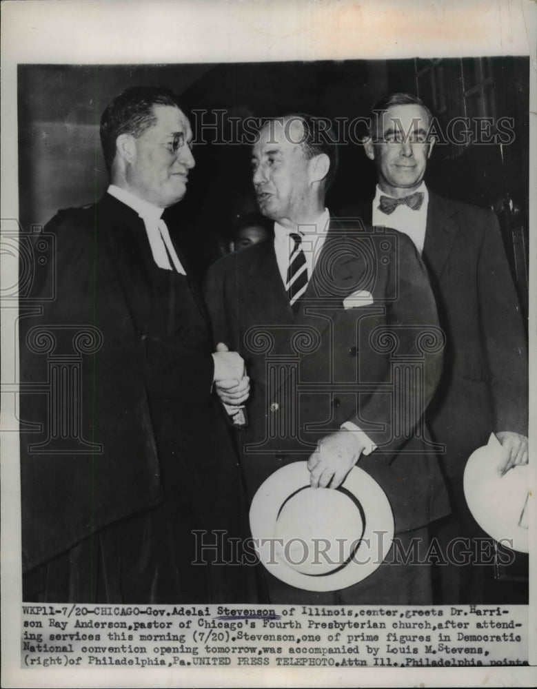 1952 Press Photo Gov. Adlai Stevenson Greets Dr. harrison Ray Anderson