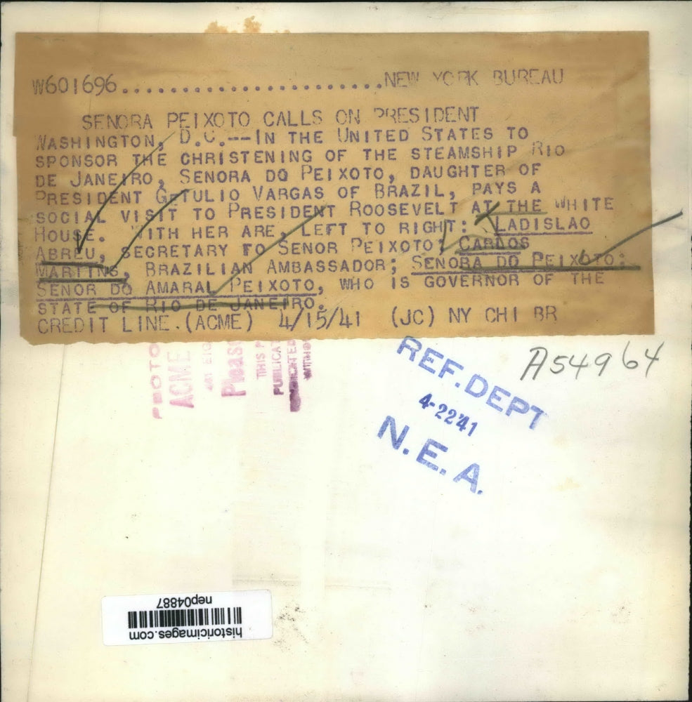 1941 Press Photo Senora Do Peixoto Pays Social Visit To President Roosevelt