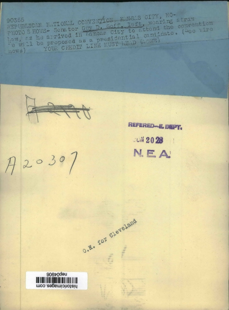 1928 Press Photo Senator Goff Arrived In Kansas City To Attend The Convention