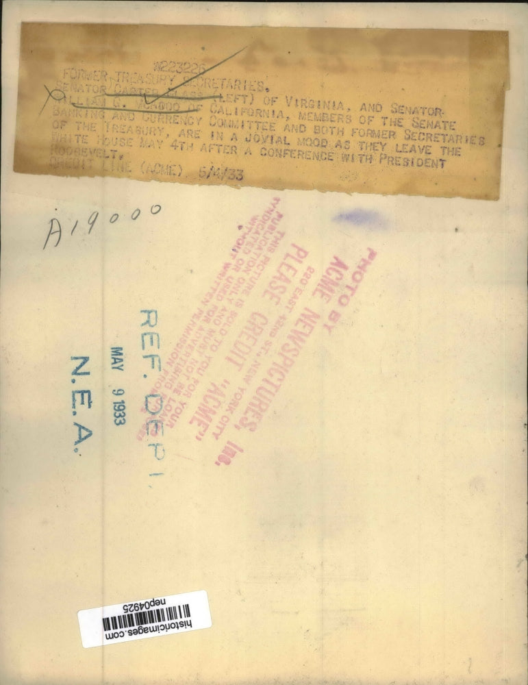 1933 Press Photo Senator Carter Glass Chats With Sen. William McAdoo - nep04925