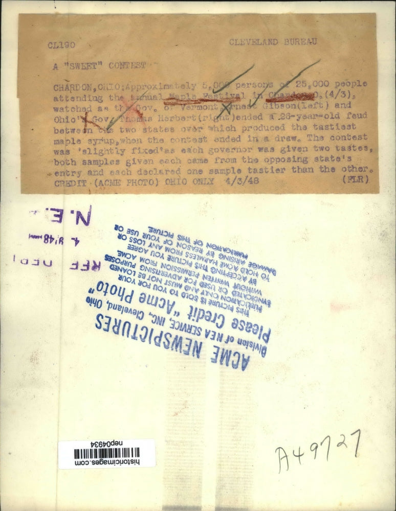 1948 Press Photo Gov. Gibson And Gov. Herbert Attended The Maple Festival