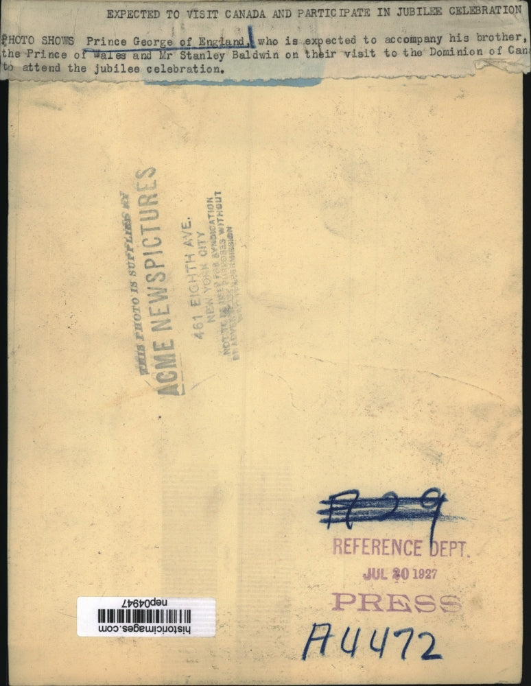 1927 Press Photo Prince George Of England Accompanies His Brother In Canada