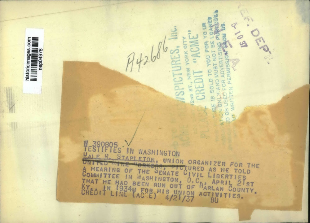 1937 Press Photo Dale Stapleton Pictured In The Hearing In Washington D.C.