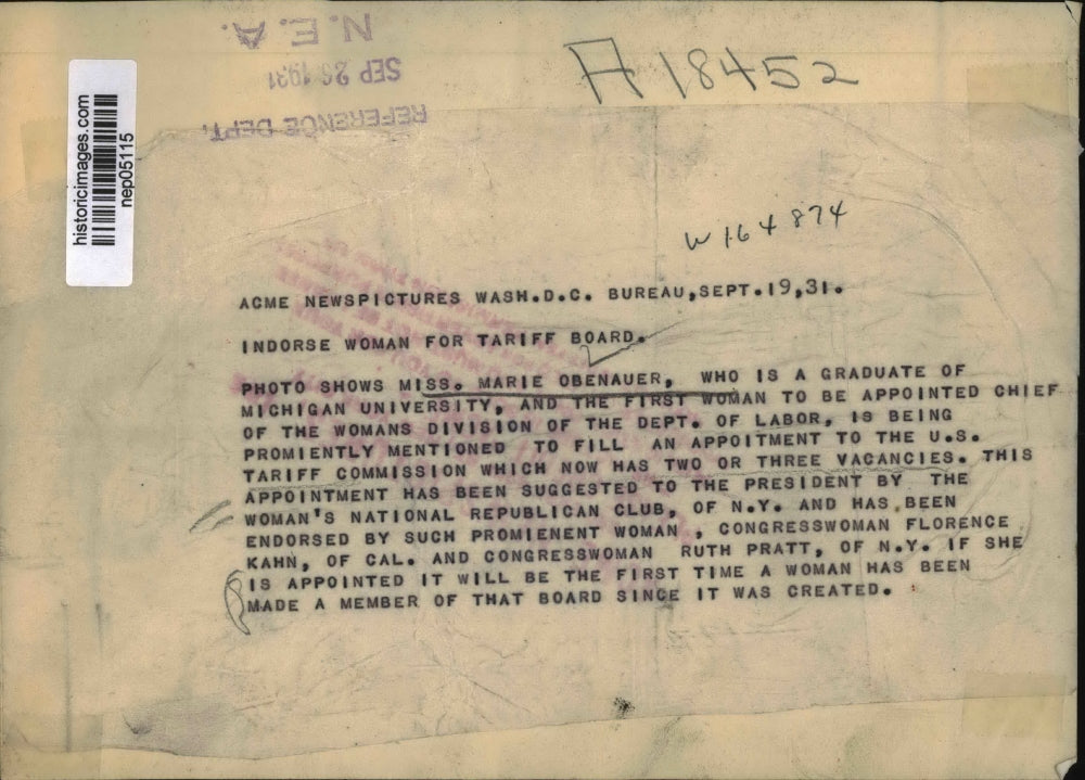 1931 Press Photo Miss Marie Obenauer Is Being Mentioned To Fill An Appointment