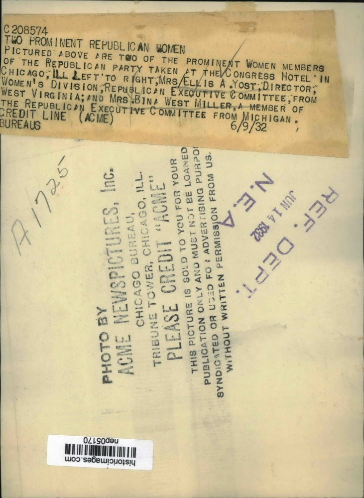 1932 Press Photo Repunlican Women Mrs. Ellis Yost And Mrs. Bina West Miller