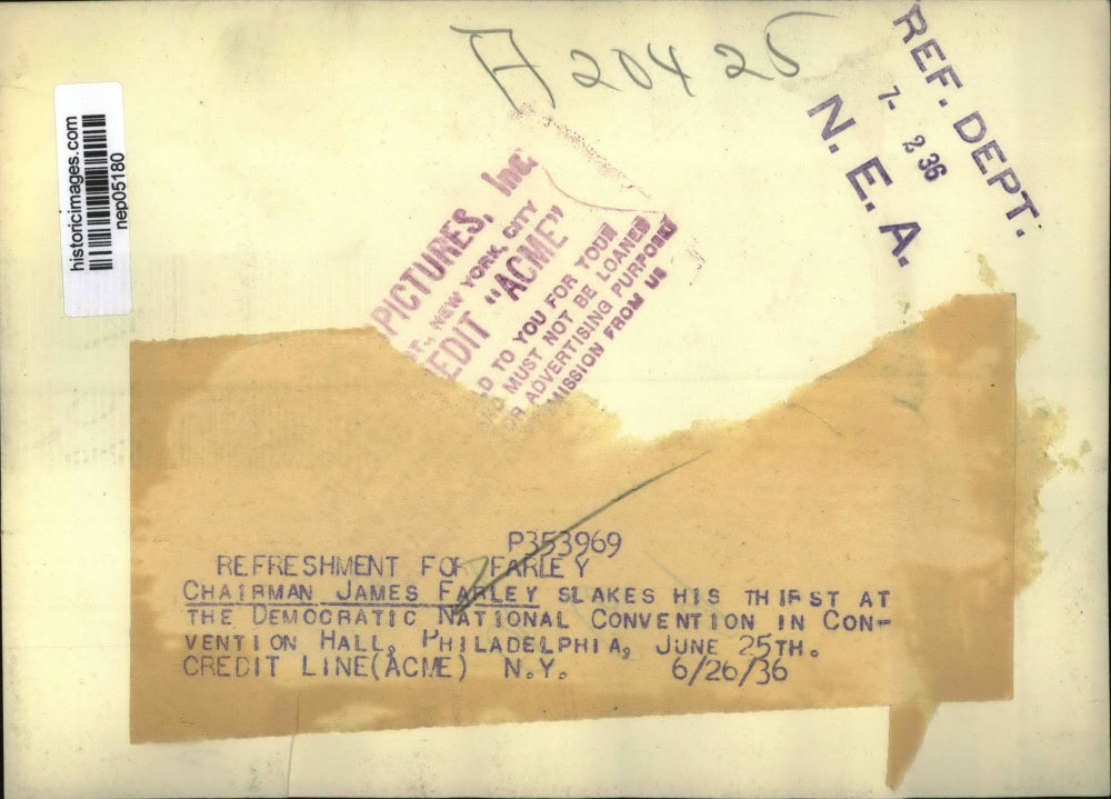 1936 Press Photo Chairman James Farley Slakes His Thirst At The Convention