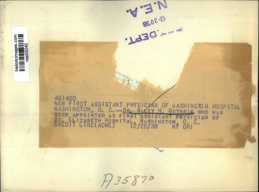 1938 Press Photo Dr. Riley Guthrie Appointed As First Assistant Physician