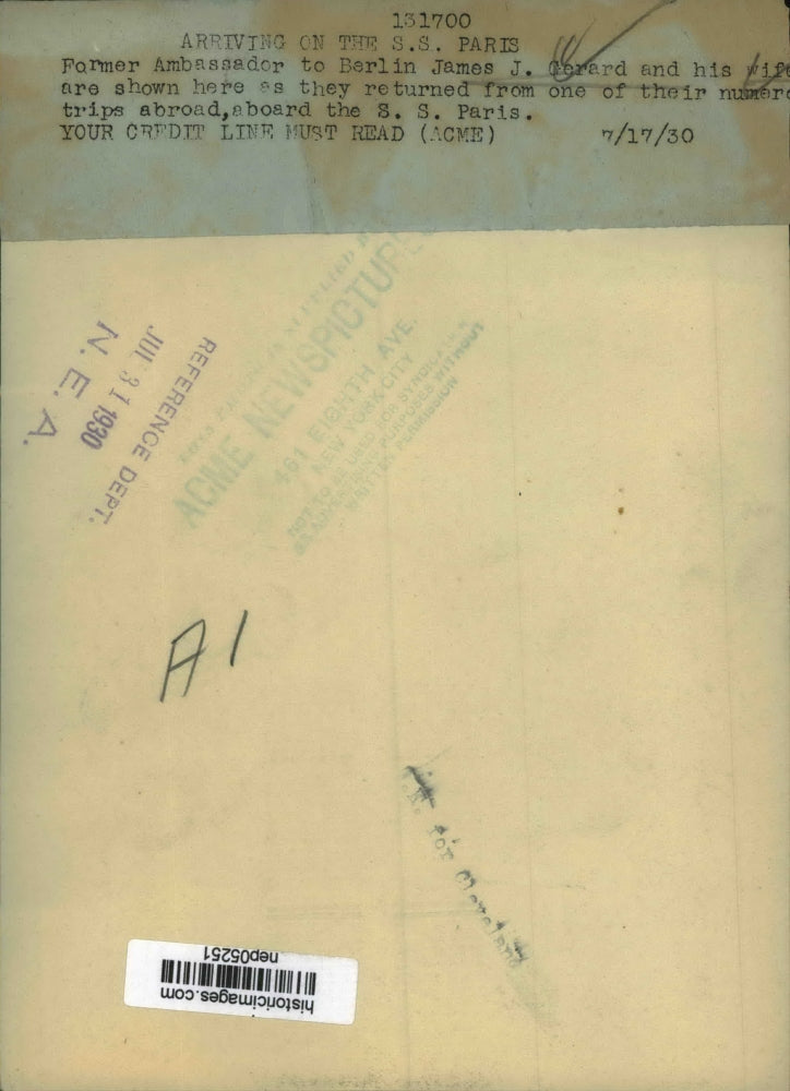 1930 Press Photo James Gerard And His Wife Are Shown Aboard The S.S. Paris