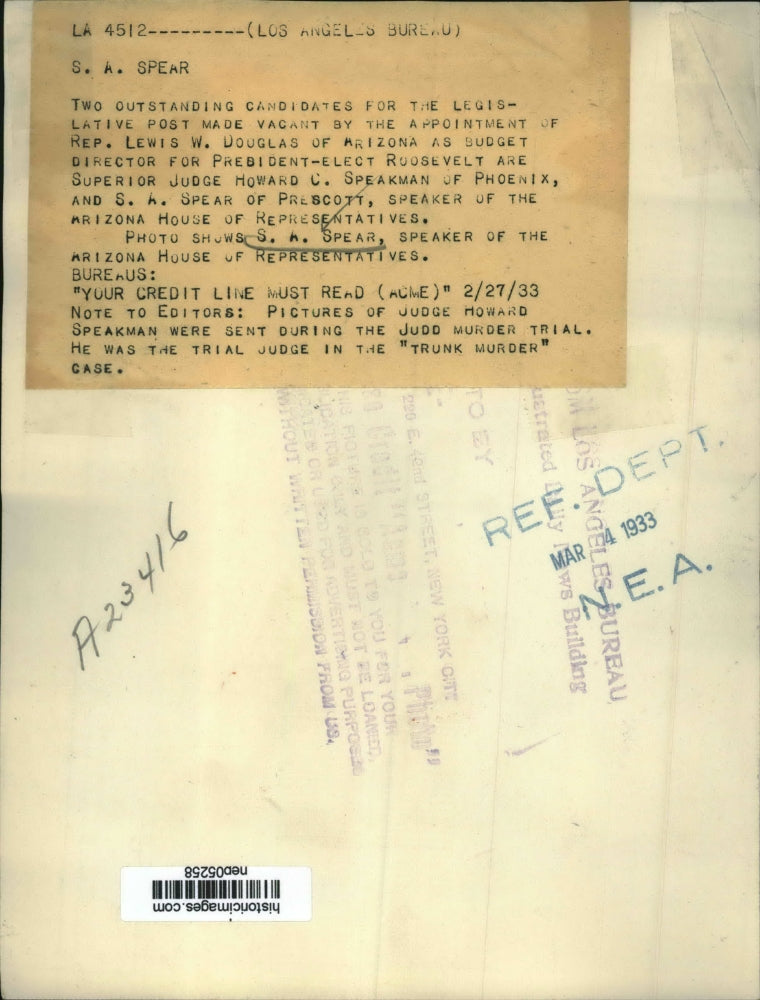 1933 Press Photo Speaker Of The Arizona House Of Representatives S.A. Spear