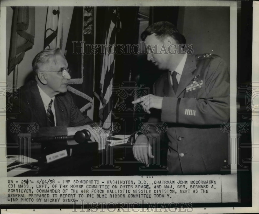 1958 Press Photo Chairman John McCormack Meets Maj. Gen. Bernard Schriever