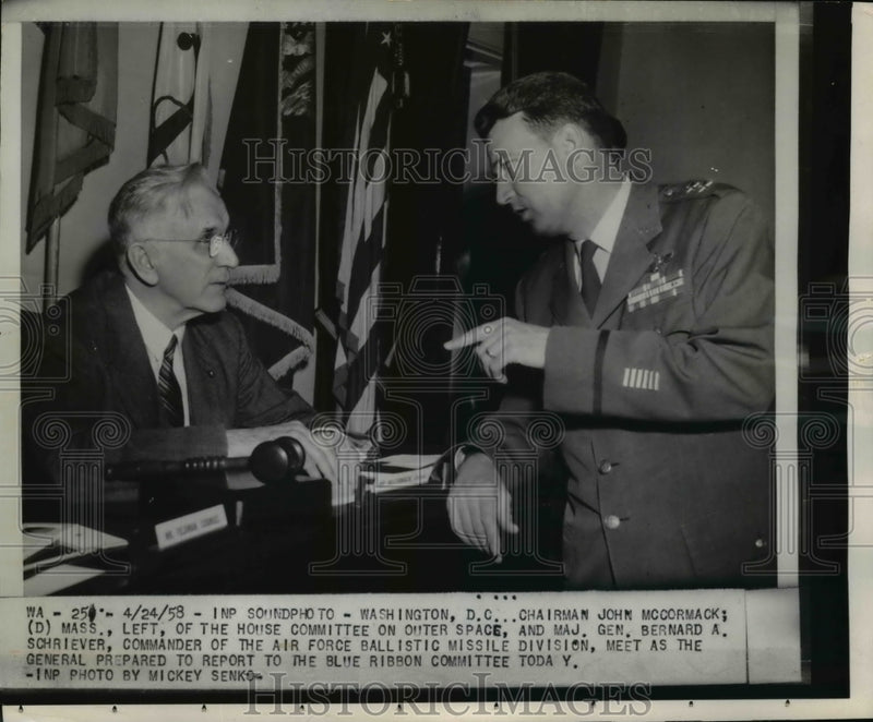 Load image into Gallery viewer, 1958 Press Photo Chairman John McCormack Meets Maj. Gen. Bernard Schriever
