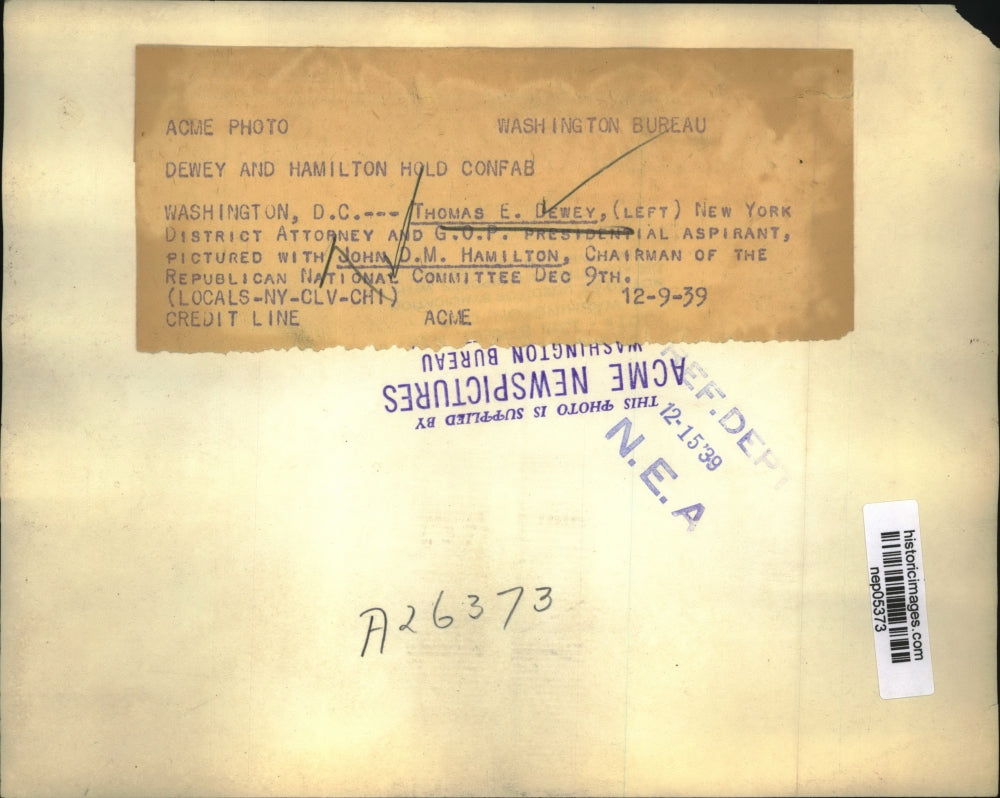 1939 Press Photo Thomas Dewey Is Pictured With John Hamilton - nep05373