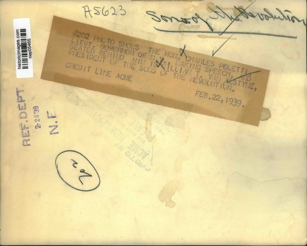 1939 Press Photo Hon Charles Poletti LT Governor NJ Addressing Sons Revolution