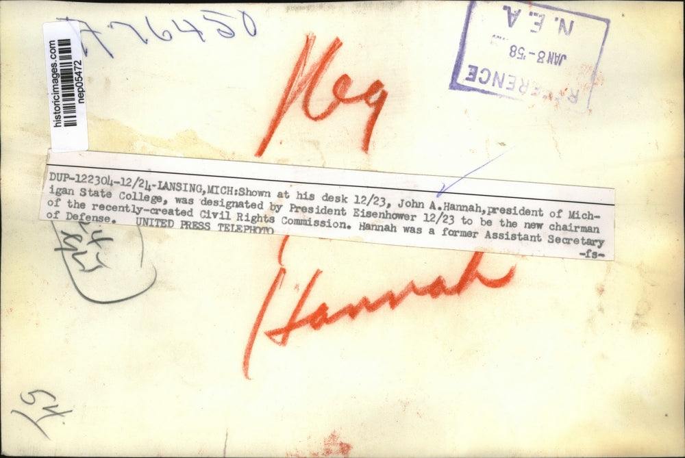 1958 Press Photo John A. Hannah designated as Chairman of Civil Rights Comm