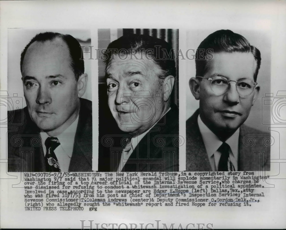 1955 Press Photo Edgar E. Hoppe fired by O. Gordon Delk, Jr. & T.Coleman Andrews