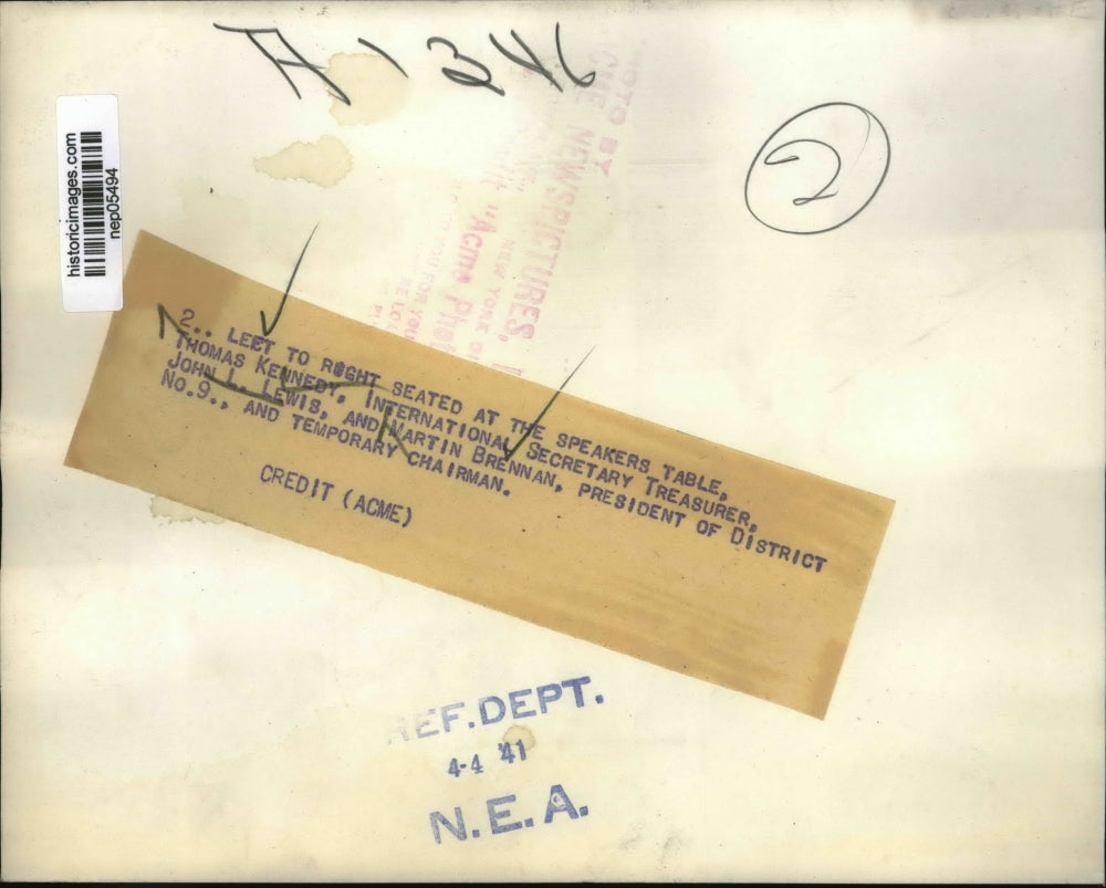 1941 Press Photo Thomas Kennedy, John L Lewis, Martin Brennnan at Speakers Table