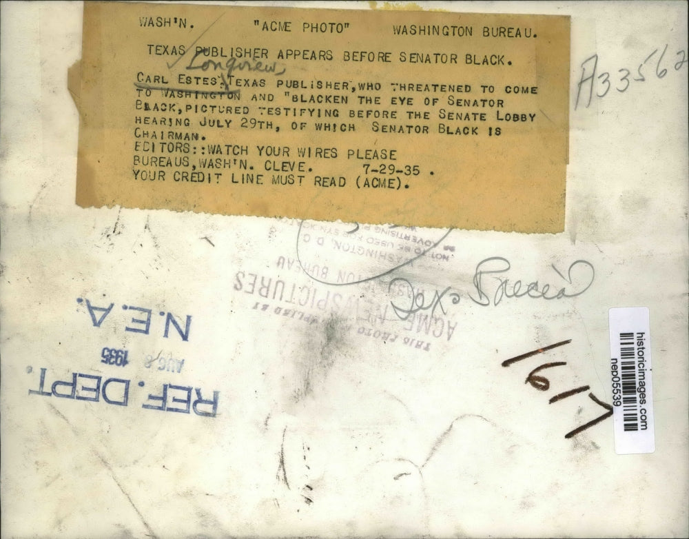 1935 Press Photo Carl Estes Testifies in Senate Lobby Hearing - nep05539