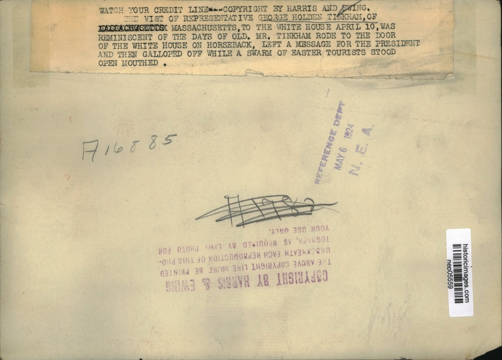 1924 Press Photo Congressman George Holden Tinkham at White House on Horseback