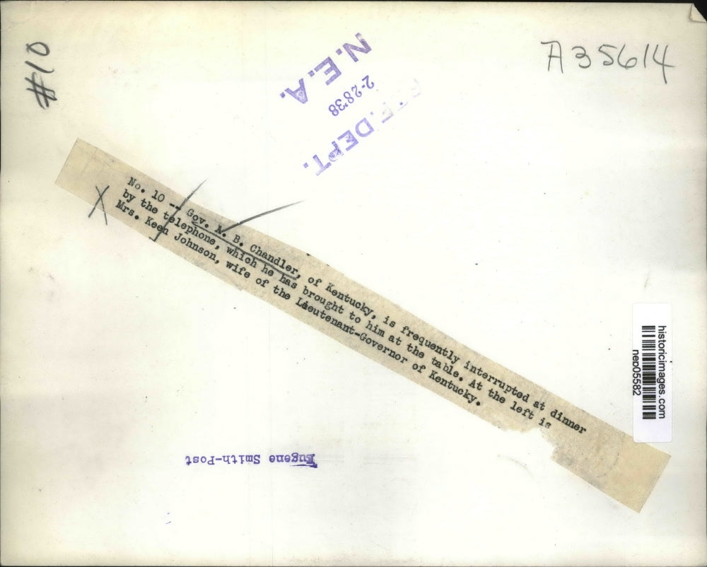 1938 Press Photo Governor A.B. Chandler of Kentucky on Phone at Dinner Table