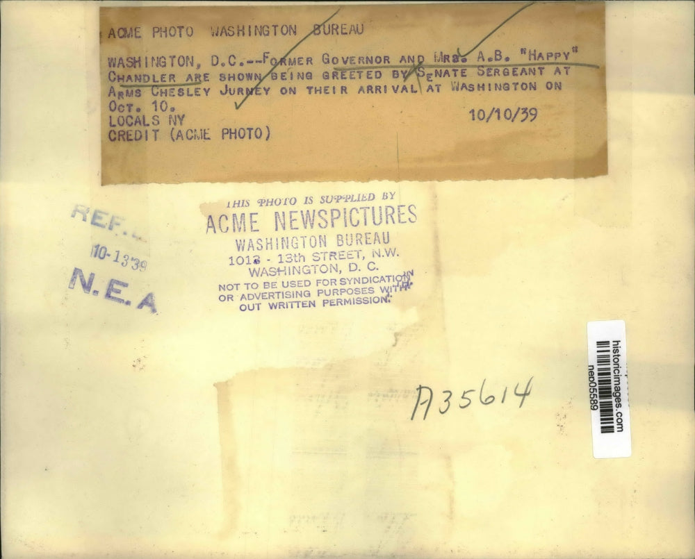 1939 Press Photo Governor A.B. Chandler Greeted by Chesley Jurney, Washington