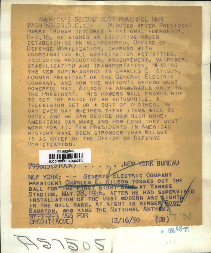 1950 Press Photo Charles Wilson of General Electric at Yankee Stadium