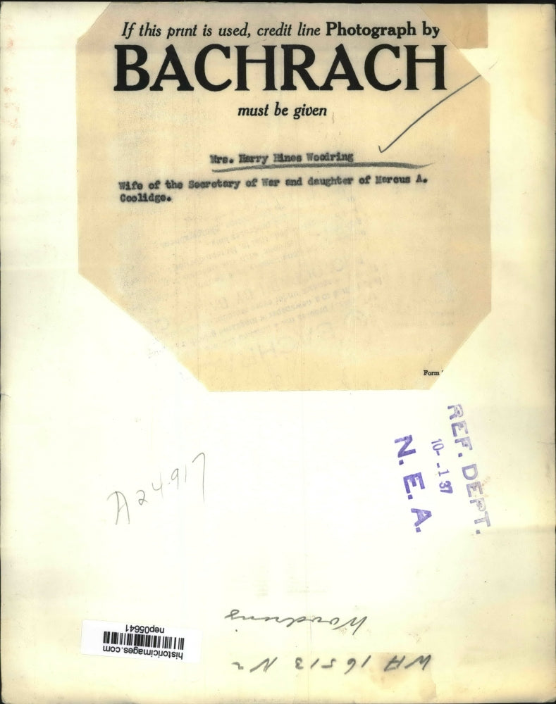 1937 Press Photo Mrs. Harry Hines Woodring, Daughter of Marcus A. Coolidge