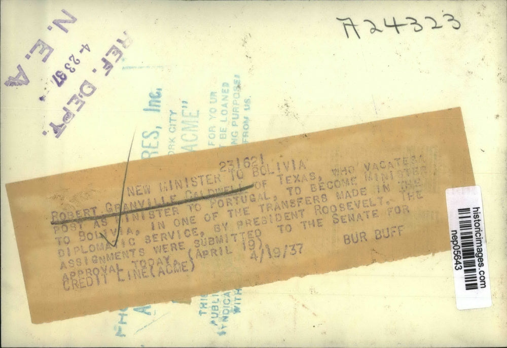 1937 Press Photo Robert Granville Caldwell, U.S. Minister to Bolivia - nep05643