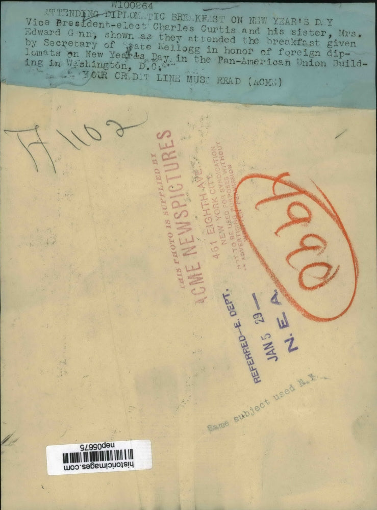 1929 Press Photo Charles Curtis, Sister Mrs. Edward Gann at Diplomatic Breakfast