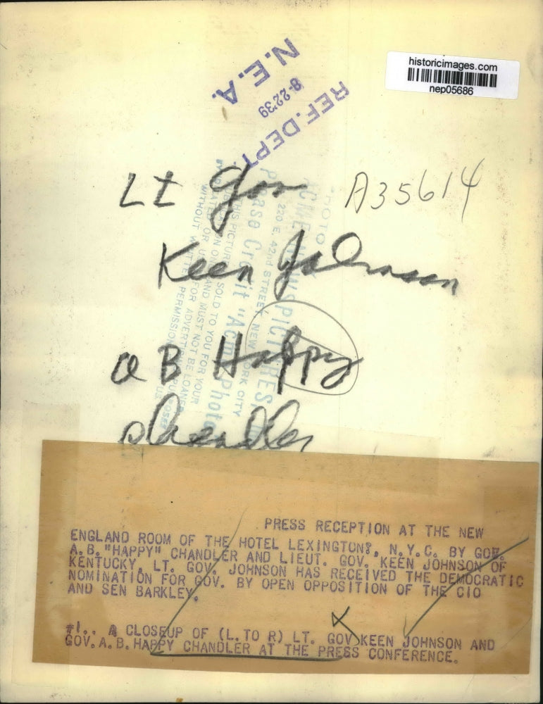 1939 Press Photo Governor Keen Johnson, A.B. Chandler at NYC Press Conference