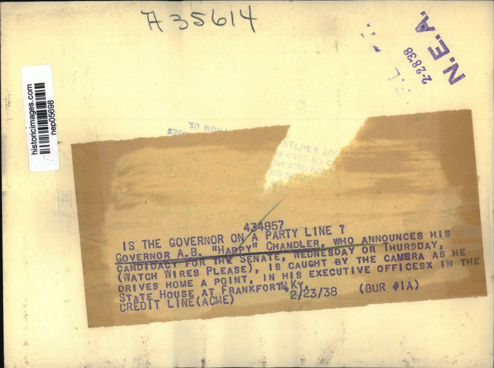 1938 Press Photo Governor Happy Chandler at State house, Frankfort, Kentucky