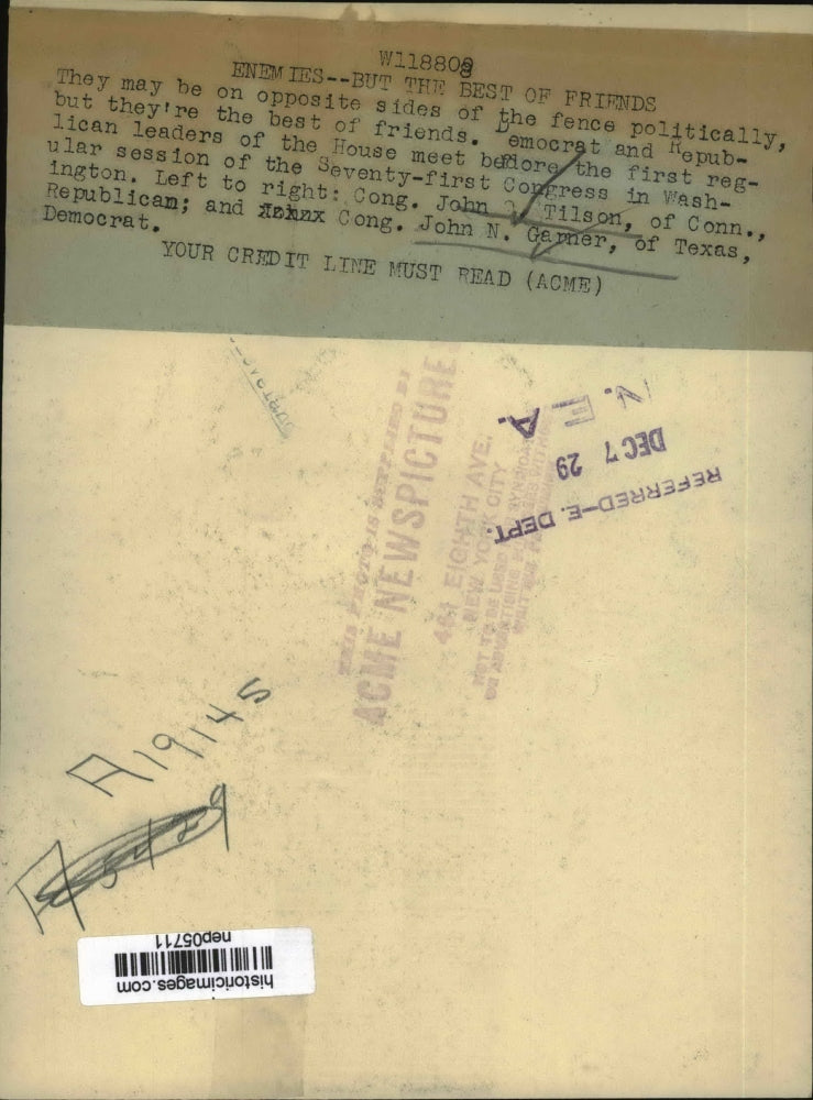 1929 Press Photo John Q. Tilson & John Nance Garner at 71st Congress Session