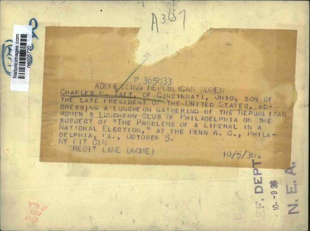 1936 Press Photo Charles P. Taft addressing Republican Women's Luncheon Club