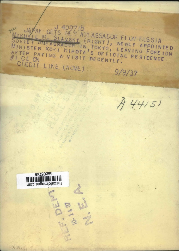 1937 Press Photo Mikhail M. Slavsky Soviet Ambassador in Tokyo - nep05745