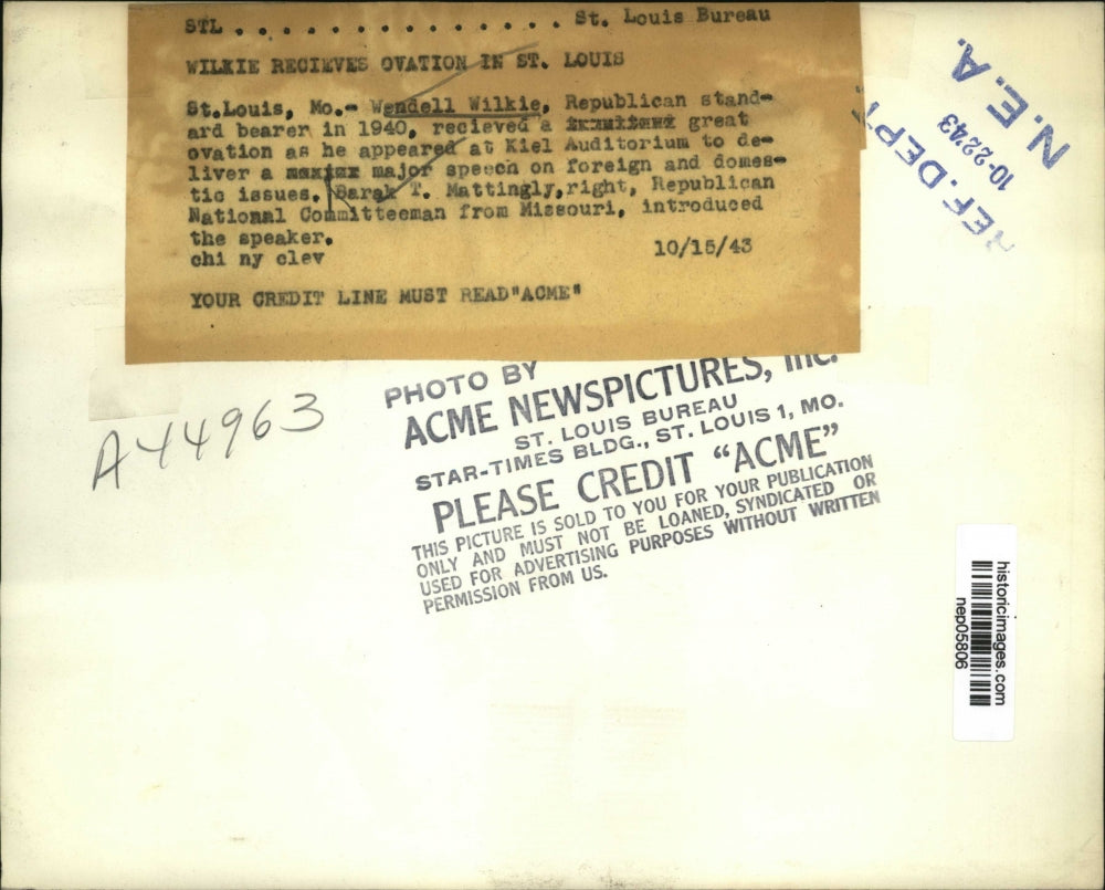 1943 Press Photo Wendell Willkie at Kiel Auditorium, St Louis, Missouri