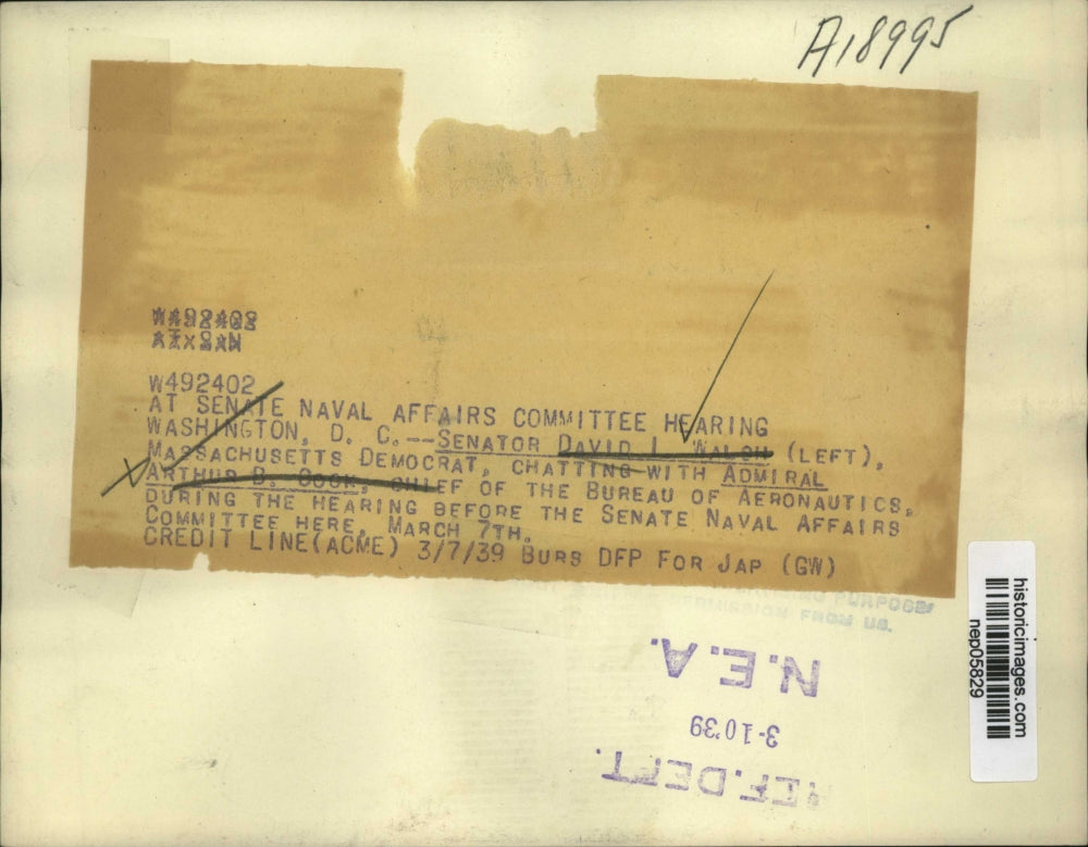 1939 Press Photo David Walsh, Arthur Cook at Senate Naval Affairs Committee