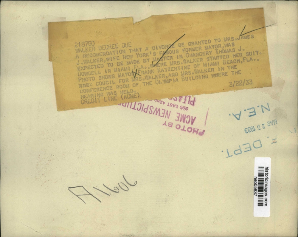 1933 Press Photo Mrs James Walker w/ Maor Frank Katzentine in Divorce Case