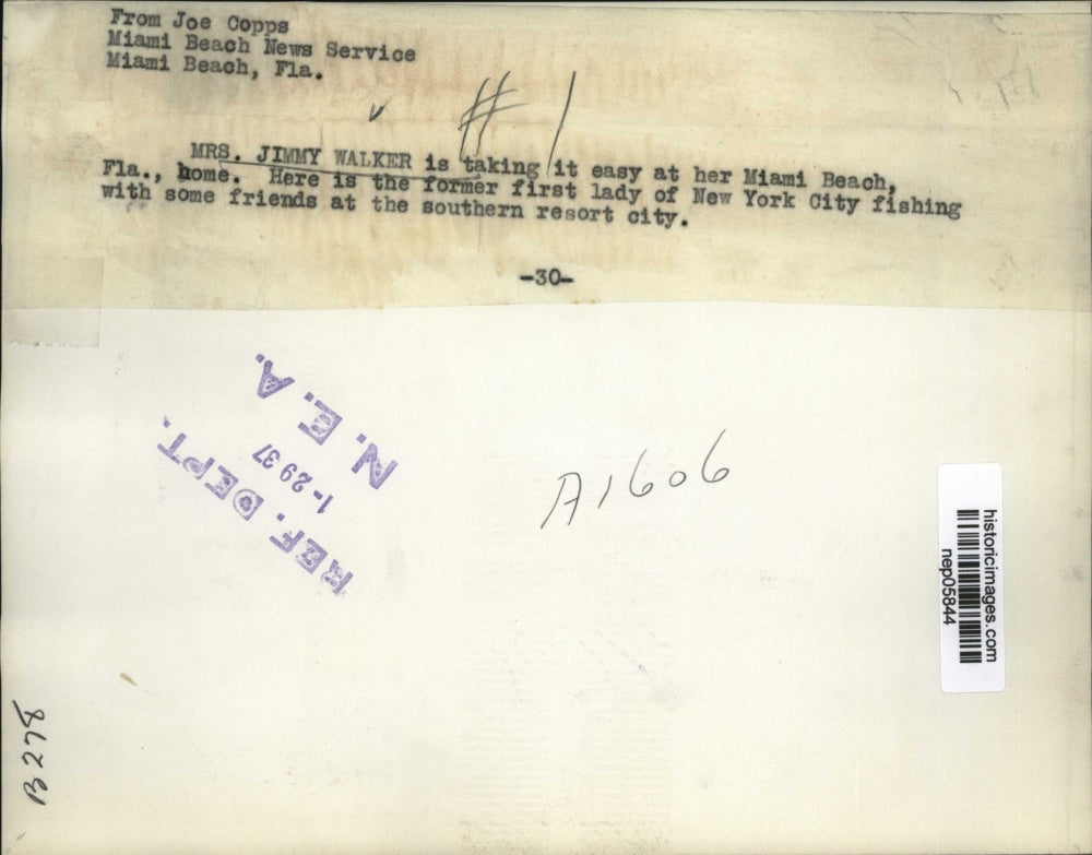 1937 Press Photo Mrs Jimmy Walker Fishing in Miami Beach, Florida - nep05844